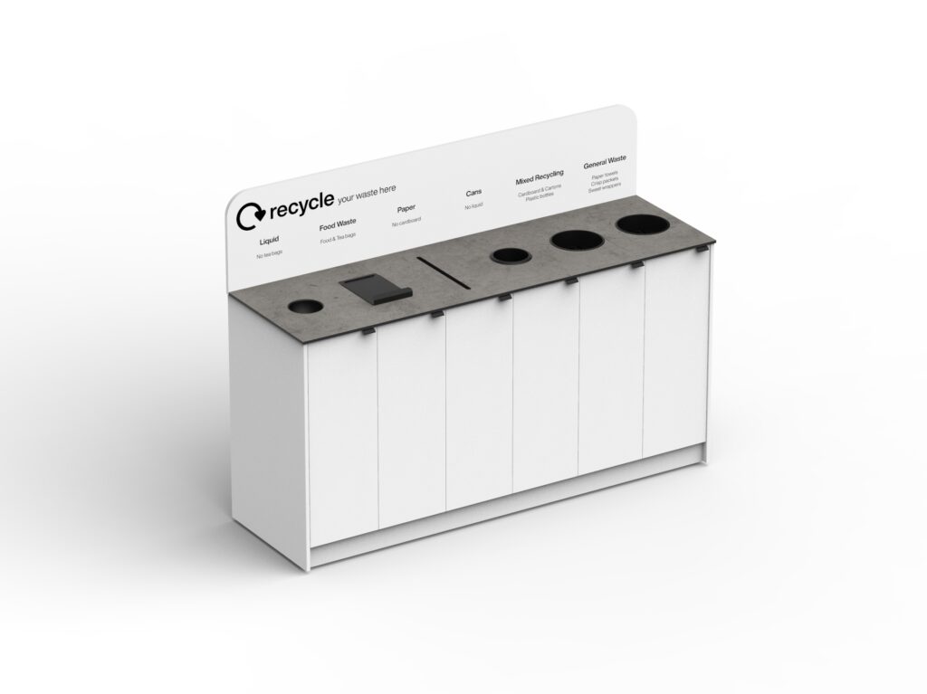 plastic waste chutes on countertop of Unisort bespoke recycling station